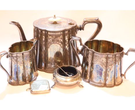 Three piece silver plated Victorian tea service, plated open salt with liner and spoon and a vesta case. P&amp;P Group 2 (£18