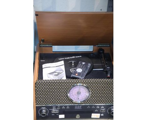 GPO Chesterton Analogue Retro Music Centre; 3 speed turntable; CD/ MP3/ USB player; FM radio; MP3 recorder; remote control; w