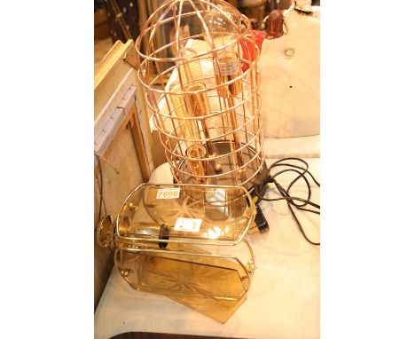 Modern copper caged three bulb table lamp and a glass and brass chandelier. Not available for in-house P&P.Condition Report: 