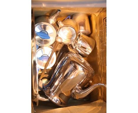 Box of mixed silver plate, pewter and stainless steel items including a percolator. Not available for in-house P&amp;P. 