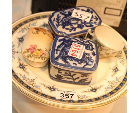 Pair of Chinese blue and white covered pots, pair of Minton Grasmere dinner plates, ceramics chamber pot, ceramic pot with a 