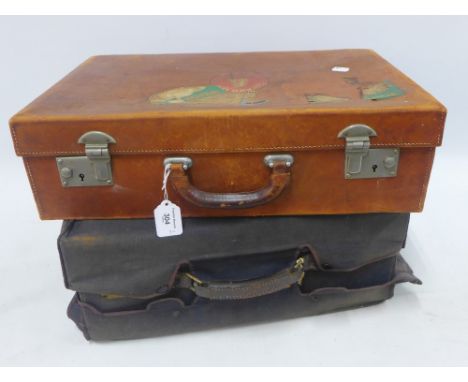 Two vintage travel suitcases, one containing a suite of blue enamel and gilt metal accessories to include brush set, bottles 