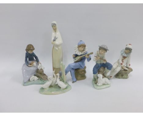 Collection of six Spanish Nao porcelain figures to include clowns, ducks, etc (6) 