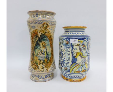Italian tin glazed Albarello jar and another, tallest 37cm high (2) (a/f) 