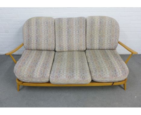 Ercol light elm Windsor open arm three seater settee, with loose cushions, 178 x 79cm 