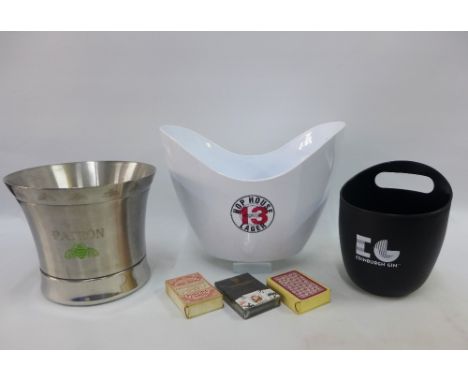 Modern bar ice buckets to include Edinburgh Gin and Tequila, etc and three packs of vintage playing cards (a lot) 