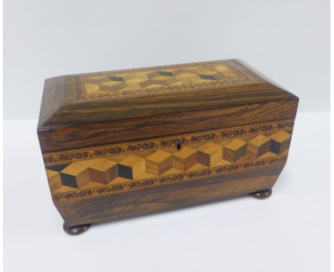 19th century Tunbridge ware tea caddy  of sarcophagus form, inlaid with cube parquetry,  the interior with  a pair of removab