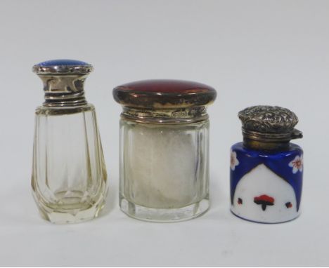 George V silver and blue enamel topped glass scent bottle, London 1920, another with a Birmingham silver and red enamel top a
