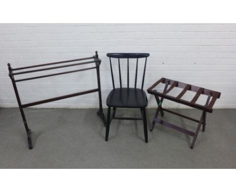 A black Ercol stick back chair, luggage stand and a towel rail, (3) 