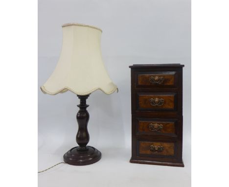 Mahogany table lamp base and small mahogany and burr wood four drawer chest, 46cm high (2)