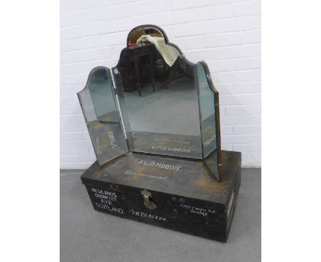 Vintage black painted travel trunk  / storage tin, 90 x 46cm,  and a triple dressing mirror, (2) 