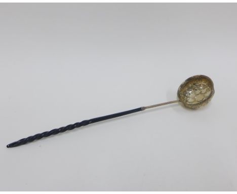 18th century white metal toddy ladle with floral embossed bowl, inscribed 'Susannah Ann Laming born 22 Nov, 1778,  ob 12 July
