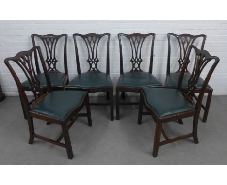 Set of six Chippendale style mahogany chairs with green upholstered seats, (6) 