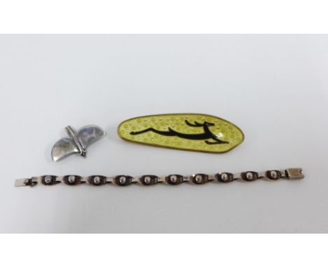 Vintage Danish silver bracelet, Norwegian silver and enamel brooch and a white metal bat brooch (3) 