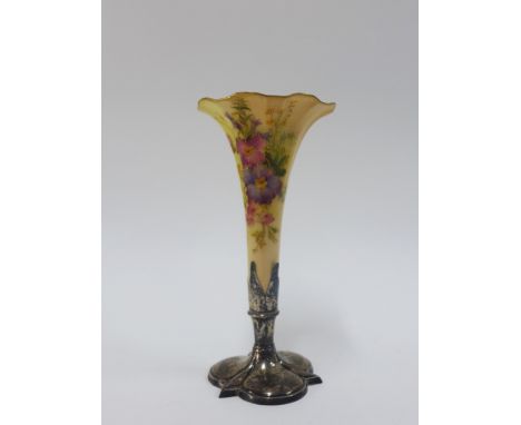 Early 20th century Royal Worcester porcelain vase with a Birmingham silver base, 15cm high 