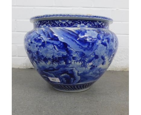 Large blue and white chinoiserie planter with bird  and blossom pattern, 37cm wide 