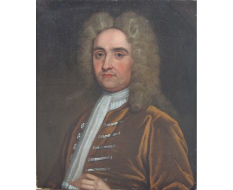 18th Century English School/Portrait of a Gentleman/half-length, be-wigged and wearing a tan coat/oil on canvas, 61cm x 51cm