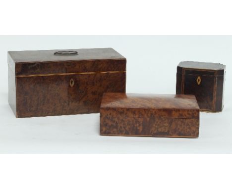 A burr wood box with hinged lid, 23cm wide, a burr wood tea caddy (gutted) and another