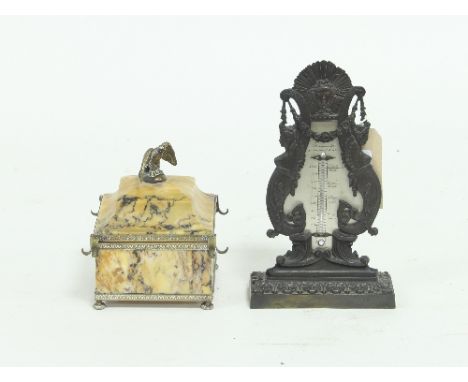 An Empire style Fahrenheit thermometer, the case supported by mermaids, 20.5cm high and an Empire style marble inkwell and co
