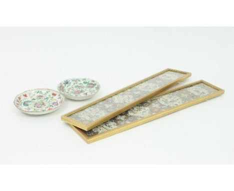 Two Chinese saucers and two Chinese embroidered panels
