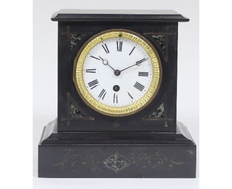 A black marble mantel clock with variegated marble decoration, fitted an eight-day movement, 23cm high Condition Report: Not 