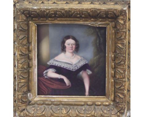 A Victorian porcelain plaque, painted a portrait of a lady, signed J Lowe and dated 1843, 17cm x 15cm Condition Report: Plaqu