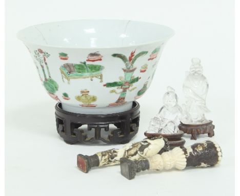 A Chinese bowl, 20cm diameter (damages) and a quantity of sundries Condition Report: Bowl - famille verte enamel, Kangxi peri