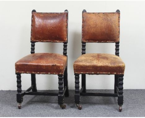 A set of eight of Victorian ebonised chairs with reel-turned frames and upholstered backs and seats, on Cope's patent castors
