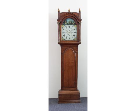 An early 19th Century oak longcase clock, the painted arch top dial with ship automaton, the dial signed Matthews, Leighton