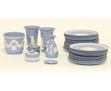 Approximately twenty-five pieces of Wedgwood jasperware in pale blue, including Christmas plates Condition Report: Lot 385:
S