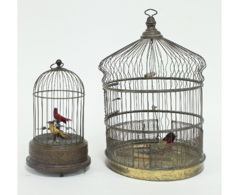 A singing bird automaton, modelled as two birds in a cage with clockwork mechanism and another birdcage containing a key-woun