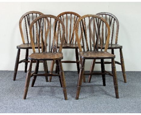 A set of five beech, ash and elm stick back Windsor chairs