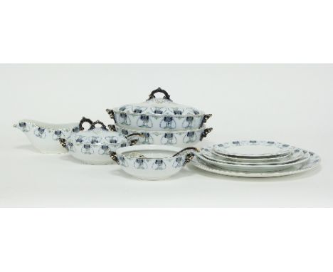 A K & Co. Staffordshire part dinner service, transfer printed in Tulip pattern, thirteen pieces/Literature: Gerald and Celia 
