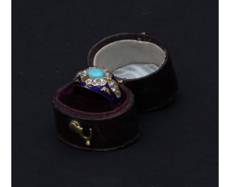 A diamond, turquoise and enamel cluster ring, the central oval turquoise to a surround of diamonds and with diamond set shoul
