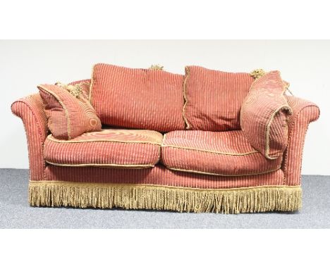 A two-seater sofa in crimson and cream stripe material, fitted a loose seat, back and side cushions, 185cm wide