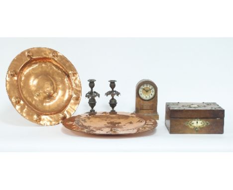 A Victorian walnut and gilt metal mounted box, 25cm wide, two copper chargers, an Edwardian mantel clock, a pair of candlesti