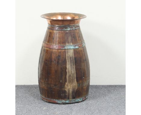 An oak coopered and copper bound stick barrel, 56cm high