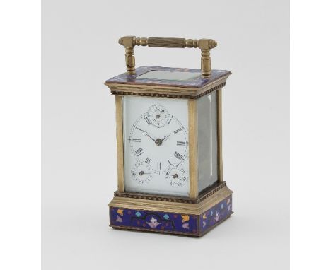 A carriage clock in a champlevé enamel case, the white enamel dial with subsidiary dials for seconds, days of the week and da