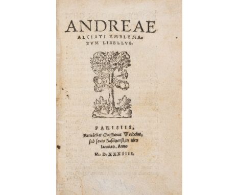 Emblemata.- Alciati (Andrea) Emblematum Libellus, first edition, first printing, woodcut device to title, 104 woodcuts only (