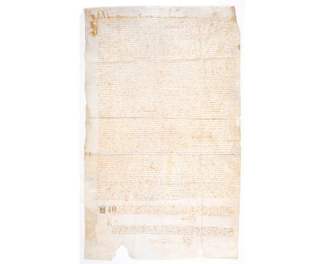 16th century France.- Marriage contract between Philippe de L'Espinas and Dame Odette bamille, manuscript in Latin, on 2 vell