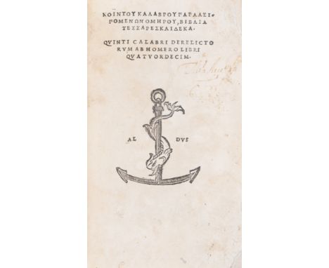 Smyrnaeus (Quintus) Παραλειπομενων Ομερου... Derelictorum ab Homero libri quatuordecim, first edition, text in Greek, woodcut