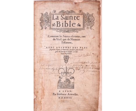 Jersey provenance.- Bible, French. La Sainte Bible, printer's device on title, text in double column, ruled in red throughout