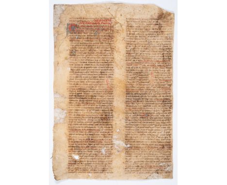 Medieval Sermon.- 2 leaves from a sermon on Isaiah, manuscript in Latin, on vellum, double column, in brown and red ink, one 