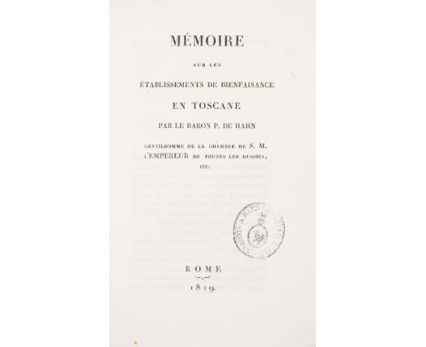 Public welfare for Russians.- Hahn (Paul von) Mémoire sur les établissements de bienfaisance en Toscane, author's armorial in