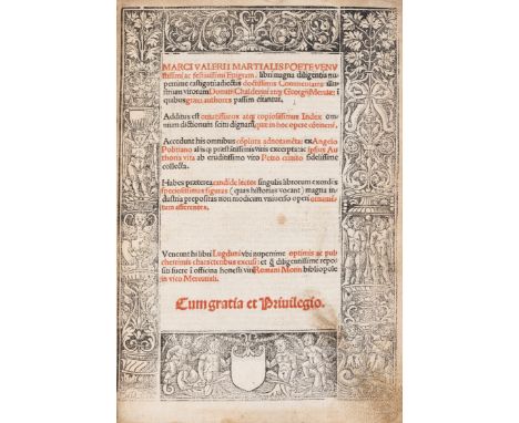 Martialis (Marcus Valerius) Epigrammata Libri magna..., title in red and black within ornate woodcut border, text in gothic, 