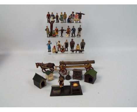 Britains - Johillco - Timpo - A collection of 30 plus figures and accessories in metal including Porter with trolley, Drover 