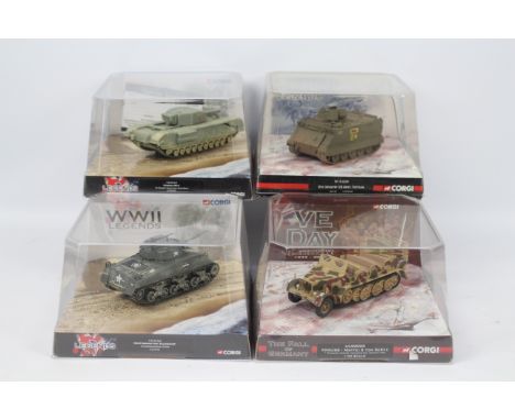 Corgi - 4 x Tank models in 1:50 scale including M4A3 Sherman # CC51013, Churchill MK III # CC60107, Krauss Maffei 8 Ton # CC6