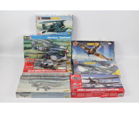 Airfix - Heller - Revell - 7 x boxed aircraft model kits mostly in 1:72 scale including BEA Sea Harrier, Grumman J2F-6 Duck, 