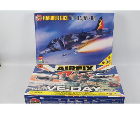 Airfix - 2 x aircraft model kits, Harrier GR3 in 1:24 scale # 18003 and VE-Day Anniversary set with models in two scales # 10