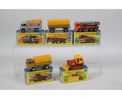 Matchbox - Superfast - 5 x boxed models, Mercedes Truck # 1, Mercedes Trailer # 2, Leyland Pipe Truck # 10, Mercedes Scaffold